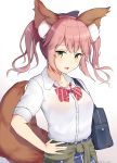  absurdres alternate_breast_size animal_ears bag bangs blue_skirt blush bow bowtie breasts collared_shirt commentary_request dress_shirt eyebrows_visible_through_hair fang fate/extella fate/extra fate_(series) fingernails fox_ears fox_girl fox_tail green_eyes hair_between_eyes hair_bow hand_on_hip highres kara_(color1087) long_hair medium_breasts open_mouth partial_commentary pink_hair plaid plaid_skirt purple_bow red_neckwear school_bag school_uniform shirt short_sleeves simple_background skirt solo tail tamamo_(fate)_(all) tamamo_jk_(fate) tamamo_no_mae_(fate) twintails twitter_username white_background white_shirt 
