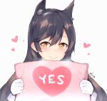  animal_ears atago_(azur_lane) azur_lane black_hair blush breath brown_eyes closed_mouth commentary_request extra_ears eyebrows_visible_through_hair gloves hair_between_eyes kuavera long_hair looking_at_viewer mole mole_under_eye signature smile solo white_gloves yes yes-no_pillow 
