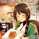  ^_^ alternate_costume blonde_hair brown_hair closed_eyes clothes_writing colored_pencil_(medium) commentary_request cup dated food gambier_bay_(kantai_collection) holding holding_spoon hyuuga_(kantai_collection) japanese_clothes kantai_collection kirisawa_juuzou long_hair long_sleeves multiple_girls numbered short_hair smile spoon traditional_media translation_request twintails twitter_username 