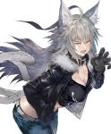  agrius_metamorphosis ahoge animal_ears atalanta_(alter)_(fate) atalanta_(fate) breasts cat_ears cat_tail claws cleavage collar denim fangs fate/grand_order fate_(series) hand_in_pocket highres jacket jeans leather leather_jacket medium_breasts midriff multiple_tails pants solo tail tank_top tokopi white_background white_hair 
