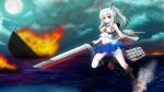  afloat ayanami_(azur_lane) azur_lane cannon cloud cloudy_sky commentary_request fire full_moon headgear holding horizon insider_(pix_insider) long_hair looking_at_viewer machinery moon navel night night_sky ocean pleated_skirt ponytail red_eyes school_uniform searchlight serafuku silver_hair sinking skirt sky solo sword torpedo_launcher turret weapon 