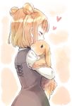  animal animal_hug bangs beatrice_(princess_principal) blush brown_hair bunny closed_eyes commentary_request double_bun dress heart holding holding_animal long_sleeves niina_ryou princess_principal school_uniform short_hair solo upper_body 