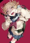  blonde_hair blush boku_no_hero_academia dutch_angle finger_in_mouth karei looking_at_viewer messy_hair mouth_pull red_background short_hair sleeves_past_wrists solo sweater toga_himiko yellow_eyes 