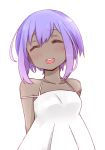  :d ^_^ ^o^ alternate_costume arms_behind_back bangs bare_shoulders blush breasts closed_eyes collarbone dark_skin dress facing_viewer fate/grand_order fate_(series) halter_dress hassan_of_serenity_(fate) i.u.y open_mouth purple_hair round_teeth short_hair simple_background sleeveless sleeveless_dress small_breasts smile solo sundress teeth upper_body white_background white_dress 