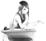  book chair collared_shirt desk dress eraser eyebrows_visible_through_hair greyscale hand_up highres holding letter long_hair long_sleeves monochrome neck_ribbon notebook original pen pencil pencil_case pinafore_dress ribbon school_desk school_uniform shirt simple_background sitting solo sousou_(sousouworks) whispering white_background wing_collar 
