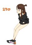  alternate_costume bare_legs brown_hair casual collarbone from_side full_body hands_in_pockets hood hoodie kagari_atsuko kengo legs little_witch_academia long_hair long_sleeves nike red_eyes shoes sidelocks simple_background sitting sneakers white_background 