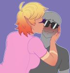  1_eye 2018 absurd_res anon blush clothed clothing colored_nails cyclops digital_media_(artwork) duo eyes_closed eyewear female hair hi_res humanoid kissing multicolored_hair not_furry pointy_ears short_hair simple_background smile souladdicted sunglasses two_tone_hair viviana_(souladdicted) 