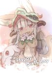  :3 animal_ears blush bunny_ears eyebrows_visible_through_hair flower furry happy_birthday holding holding_flower long_hair looking_at_viewer made_in_abyss mitty_(made_in_abyss) nanachi_(made_in_abyss) open_mouth red_eyes sketch smile solo tail tsukushi_akihito white_hair 