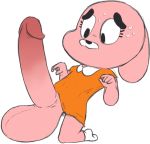  2016 anais_watterson anthro balls big_balls bottomless cartoon_network circumcised clothed clothing dickgirl erection fur glans huge_balls humanoid_penis hyper hyper_balls hyper_penis inisuu intersex lagomorph mammal penis pink_fur rabbit simple_background solo surprise the_amazing_world_of_gumball young 