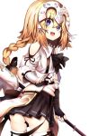  :d absurdres ass bangs black_bow black_skirt blonde_hair blush bow braid collared_shirt eyebrows_visible_through_hair fate/apocrypha fate/grand_order fate_(series) gauntlets hair_between_eyes hair_bow headpiece highres jeanne_d'arc_(fate) jeanne_d'arc_(fate)_(all) long_hair open_mouth pleated_skirt ranf shirt shoulder_cutout simple_background skirt smile solo thighhighs very_long_hair white_background white_legwear white_shirt 