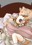  animal_ears bed blanket commentary_request dog dog_(kemono_friends) dog_ears dog_tail elbow_gloves fur_trim gloves highres kemono_friends light_brown_hair necktie paws short_hair shorts sleeping tail tikano 