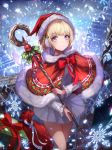  aqua_eyes bad_id bad_pixiv_id box capelet commentary earmuffs gift gift_box hair_ornament hat highres holding light_brown_hair looking_at_viewer original pleated_skirt santa_hat short_hair skirt smile snowflakes solo staff yohaku 