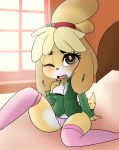  2018 animal_crossing anthro areola bed black_nose blonde_hair blush bra breasts brown_eyes canine clothed clothing clothing_malfunction digital_media_(artwork) dog eyelashes female fur hair hair_ornament hearlesssoul hi_res isabelle_(animal_crossing) legwear looking_at_viewer mammal multicolored_fur navel nintendo on_bed one_eye_closed open_mouth panties pillow shirt short_stack sitting solo stockings teeth tongue two_tone_fur underwear video_games white_fur window yellow_fur 