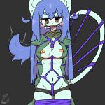  1girl artist_request blue_hair brown_eyes cat furry long_hair solo strapped 