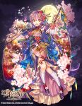  :d age_of_ishtaria bow brown_eyes cherry_blossoms copyright_name detached_sleeves fan floral_print flower full_body hair_bow hair_flower hair_ornament hair_stick highres interitio japanese_clothes kimono medium_hair night night_sky official_art open_mouth paintbrush paper_fan purple_hair red_bow ribbon shoes sky smile striped striped_bow tassel thigh_ribbon watermark white_legwear wide_sleeves 