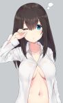  blue_eyes blush breasts brown_hair collared_shirt commentary_request eyebrows_visible_through_hair grey_background hand_up idolmaster idolmaster_cinderella_girls long_hair looking_at_viewer medium_breasts minikon naked_shirt navel one_eye_closed parted_lips popped_collar sagisawa_fumika see-through shirt simple_background solo underboob white_shirt wing_collar wiping_face 