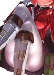  between_legs black_ribbon black_skirt boots breasts buckle closed_mouth convenient_leg cosplay crossed_legs eyepatch fate/grand_order fate_(series) feet_out_of_frame florence_nightingale_(fate/grand_order) florence_nightingale_(fate/grand_order)_(cosplay) fur-trimmed_boots fur_trim gloves hair_ribbon hair_twirling head_out_of_frame knee_boots lips long_sleeves love_live! love_live!_school_idol_project medium_breasts medium_hair military military_uniform miniskirt nanasumin nishikino_maki pantyhose pouch red_hair ribbon simple_background skirt smile solo uniform white_background white_footwear white_gloves white_legwear 