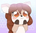  &lt;3 &lt;3_eyes :3 abstract_background alfa995 anthro black_nose blush_sticker brown_eyes brown_fur brown_hair cervine chibi cute doe_(alfa995) eyelashes female fur hair hand_on_cheek long_hair mammal nude reaction_image smile solo white_fur 