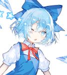  blue_bow blue_dress blue_eyes blue_hair blush bow bowtie cirno commentary_request dress hair_between_eyes hair_bow ice ice_wings looking_at_viewer nuudoru one_eye_closed parted_lips puffy_short_sleeves puffy_sleeves red_bow red_neckwear shirt short_hair short_sleeves simple_background solo star touhou upper_body white_background white_shirt wing_collar wings 