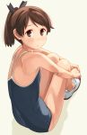  :o armpits back bandaid bandaid_on_elbow bangs beige_background blue_swimsuit blush breasts brown_hair clenched_hands clothes_writing competition_school_swimsuit from_behind full_body grey_eyes hair_ribbon hands_together high_ponytail kantai_collection knees_up leg_hug legs_together looking_at_viewer looking_back makio_(makiomeigenbot) medium_hair name_tag no_socks one-piece_swimsuit parted_bangs parted_lips ponytail ribbon school_swimsuit shadow shikinami_(kantai_collection) shoes short_ponytail simple_background sitting small_breasts solo surprised swept_bangs swimsuit uwabaki white_footwear 