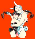  2boys absurdres animal_ears bare_shoulders black_eyes black_hair black_nails blue_eyes boots bunny_boy bunny_ears bunny_tail carrot detached_collar food gloves high_heels highres holding holding_food hug kinako_(marubotan) leotard looking_at_viewer male_focus multiple_boys nail_polish orange_background original red_pupils simple_background smile standing tail thighhighs white_gloves white_leotard wrist_cuffs yellow_pupils 