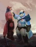  2018 abs anthro armor asphyxiation blood blue_fur bruised canine choking clothed clothing defeat digital_media_(artwork) duo feline fight fur grin holding_character kemono looking_at_another male mammal medieval melee_weapon merfiller_(artist) mohawk muscular neck_grab open_mouth pecs red_fur smile strangling sword tiger weapon wolf 