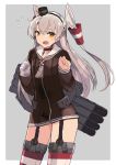  :o absurdres amatsukaze_(kantai_collection) black_choker black_hat blush border brown_neckwear brown_shirt choker cowboy_shot fang flying_sweatdrops garter_straps gloves grey_background grey_gloves hair_tubes hands_up hat highres kantai_collection long_hair long_sleeves looking_at_viewer mcan mini_hat neckerchief no_pants open_mouth outside_border sailor_collar see-through shirt silver_hair simple_background single_glove solo standing straight_hair striped striped_legwear thighhighs torpedo_tubes two_side_up very_long_hair white_border white_sailor_collar yellow_eyes 