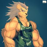  2018 anthro bada-butterfly biceps big_muscles clothing digital_media_(artwork) feline fur hair lion looking_at_viewer male mammal muscular muscular_male nipples pecs simple_background solo 