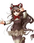  :d bow bowtie brown_hair buttons commentary cowboy_shot eyebrows_visible_through_hair frilled_skirt frills hair_bow kemono_friends long_hair long_sleeves looking_at_viewer multicolored_hair open_mouth pantyhose plaid plaid_skirt pleated_skirt quagga_(kemono_friends) quagga_ears quagga_tail skirt smile solo standing standing_on_one_leg tikano w white_hair 