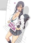  bag black_hair black_legwear blush breasts choker cleavage ear_piercing earrings english free_sex_sign heart highres holding holding_sign jewelry kneehighs large_breasts long_hair looking_at_viewer necktie open_mouth original piercing pleated_skirt purple_eyes school_bag school_uniform sign sketch skirt solo teeth tongue tongue_out velzhe 
