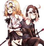  :d :t absurdres ahoge animal_ears animal_hood ass bangs black_bow black_hoodie black_legwear black_ribbon black_skirt blonde_hair blue_eyes blush bow braid brown_eyes cat_ears cat_hood closed_mouth commentary_request eyebrows_visible_through_hair fate/apocrypha fate/grand_order fate_(series) gauntlets hair_between_eyes headpiece highres holding hood hood_down hoodie jeanne_d'arc_(alter)_(fate) jeanne_d'arc_(fate) jeanne_d'arc_(fate)_(all) long_hair multiple_girls neck_ribbon open_mouth pantyhose pleated_skirt pout ranf ribbon shirt shoulder_cutout silver_hair simple_background sitting skirt smile sword tears thighhighs weapon white_background white_legwear white_shirt 