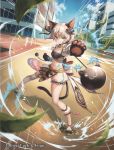  animal_ears ankleband ball_and_chain blue_sky breasts brown_eyes building cat_ears cat_tail cloud copyright_name crosswalk day fighting_stance gloves hair_ornament lamppost leaf light_brown_hair luck_&amp;_logic mito_itsuki navel nina_alexandrovna official_art outdoors paw_gloves paws road short_hair sky small_breasts solo standing tail tassel tattoo wind 