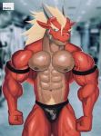  2018 abs anthro bada-butterfly biceps big_muscles clothing digital_media_(artwork) dragon hair looking_at_viewer male muscular muscular_male navel nipples pecs pubes scalie solo standing swimsuit teeth vein 