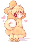  &lt;3 2018 animal_crossing anthro blonde_hair canine crouching dog female fur hair hi_res isabelle_(animal_crossing) looking_at_viewer looking_back mammal nintendo pixpet pussy shih_tzu short_stack simple_background smile solo video_games white_background 