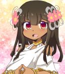  bangs blunt_bangs blush bracelet brown_hair dark_skin egyptian egyptian_clothes eyebrows eyebrows_visible_through_hair eyes_visible_through_hair fate/prototype fate/prototype:_fragments_of_blue_and_silver fate_(series) fingernails fingers_together floral_background flower hair_flower hair_ornament halterneck jewelry long_hair looking_at_viewer multicolored multicolored_background nefertari_(fate/prototype_fragments) orange_eyes pink_flower solo straight_hair teeth tongue tsukko_(3ki2ne10) twitter_username 