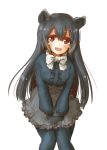  animal_ears black_hair bow bowtie center_frills commentary cowboy_shot eyebrows_visible_through_hair frilled_skirt frills gloves hands_on_lap highres kemono_friends long_hair long_sleeves mountain_tapir_(kemono_friends) pantyhose pleated_skirt skirt solo tapir_ears tikano 