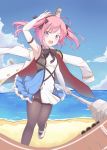  :d ahoge armpits azur_lane beach blue_sky blurry clothes_on_shoulders commentary_request day depth_of_field elbow_gloves flagpole gloves hairband highres holding horizon long_hair looking_at_viewer machinery military military_uniform momizi_lin naval_uniform ocean open_mouth pantyhose pink_hair purple_eyes saratoga_(azur_lane) sky smile solo twintails uniform white_gloves 