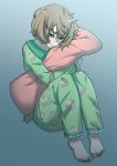  amai_odayaka crying crying_with_eyes_open green_eyes green_pajamas kjech light_brown_hair pajamas pillow pillow_hug short_hair sitting solo source_request tears yandere_simulator 