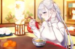  alternate_costume azur_lane bangs blowing blue_eyes blush bowl breasts cat commentary_request eyebrows_visible_through_hair food fruit hair_ornament hair_tucking indoors kotatsu lamp large_breasts long_hair long_sleeves looking_away looking_down mandarin_orange mole mole_under_eye mugi_(iccomae) one_side_up ribbed_sweater shoukaku_(azur_lane) silver_hair solo sweater table tatami very_long_hair white_sweater 