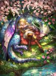  animal arisa_(shadowverse) arm_up arrow black_gloves blonde_hair blue_flower blue_shirt boots bow_(weapon) breasts brown_footwear brown_legwear cape closed_eyes closed_mouth commentary_request day dragon elbow_gloves elf fairy_dragon_(shadowverse) flower gloves grass hair_ribbon highres long_hair medium_breasts nima_(niru54) on_grass outdoors parted_lips petals petals_on_liquid pink_flower pointy_ears quiver red_cape red_ribbon ribbon scales shadowverse shirt skirt sleeping sleeveless sleeveless_shirt solo thigh_boots thighhighs very_long_hair water weapon white_skirt 