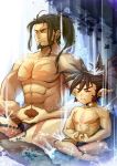  abs beard black_hair closed_eyes closed_mouth facial_hair fundoshi granblue_fantasy harvin indian_style japanese_clothes jin_(granblue_fantasy) male_focus meditation multiple_boys mustache nipples pointy_ears ponytail scar sevilbarra sideburns sitting toned toned_male waku_(ayamix) water waterfall 