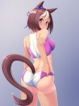  :o adjusting_clothes alfort_(may0508) animal_ears ass back bare_shoulders blush bow breasts brown_hair eyebrows_visible_through_hair hair_bow highres horse_ears horse_girl horse_tail looking_at_viewer looking_back medium_breasts multicolored_hair open_mouth purple_eyes short_hair solo special_week sports_bikini sweat tail tail_raised tan tanline track_and_field two-tone_hair umamusume 