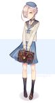  alternate_costume azur_lane bag beret black_legwear black_sailor_collar blue_hat blue_skirt braid brown_footwear chain collar collarbone eyebrows_visible_through_hair eyes_visible_through_hair full_body hair_over_one_eye hat head_tilt kneehighs loafers looking_at_viewer mugi_(iccomae) pleated_skirt sailor_collar school_bag school_uniform sheffield_(azur_lane) shoes short_hair skirt sleeves_past_wrists solo standing twitter_username yellow_eyes 