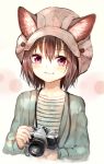  animal_ears bangs brand_name_imitation brown_hair camera commentary_request ears_through_headwear eyebrows_visible_through_hair hat highres holding holding_camera long_sleeves looking_at_viewer original pink_eyes shirt short_hair smile solo striped striped_shirt sukemyon upper_body 