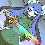  1girl artist_request blue_hair brown_eyes cat furry green_clothes long_hair solo sword 