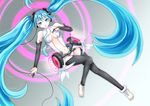  bad_id bad_pixiv_id barefoot blue_eyes blue_hair bridal_gauntlets hand_on_own_chest hatsune_miku hatsune_miku_(append) highres jyuusimatu legs lips long_hair lying navel necktie solo thighhighs twintails very_long_hair vocaloid vocaloid_append 