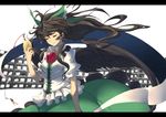  bow brown_hair cape closed_eyes eyes floating_hair green_bow hair_bow hidori_(hibi_toridori) large_bow letterboxed long_hair pocket_watch reiuji_utsuho smile solo touhou watch wind wind_lift wings 