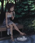  barefoot bob_cut brown_eyes brown_hair chihaya_72 dock dress feet grass hagiwara_yukiho holding holding_shoes idolmaster idolmaster_(classic) nature nose_shade ramune river shade shoes shoes_removed short_hair sitting soaking_feet solo splashing spread_toes sundress toes water 