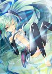  absurdres bad_id bad_pixiv_id barefoot bridal_gauntlets green_eyes green_hair hatsune_miku hatsune_miku_(append) highres long_hair navel necktie one_eye_closed solo thighhighs twintails very_long_hair vocaloid vocaloid_append zenyu 