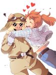  1girl blush couple fio_piccolo furry gloves goggles hetero honoboooono hug kurenai_no_buta plaid ponytail porco_rosso_(character) red_hair sleeves_rolled_up squiggle sunglasses 